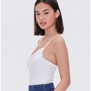 White Ribbed Knit Ruffle-trim Cami Bodysuit FOREVER21 -NWT